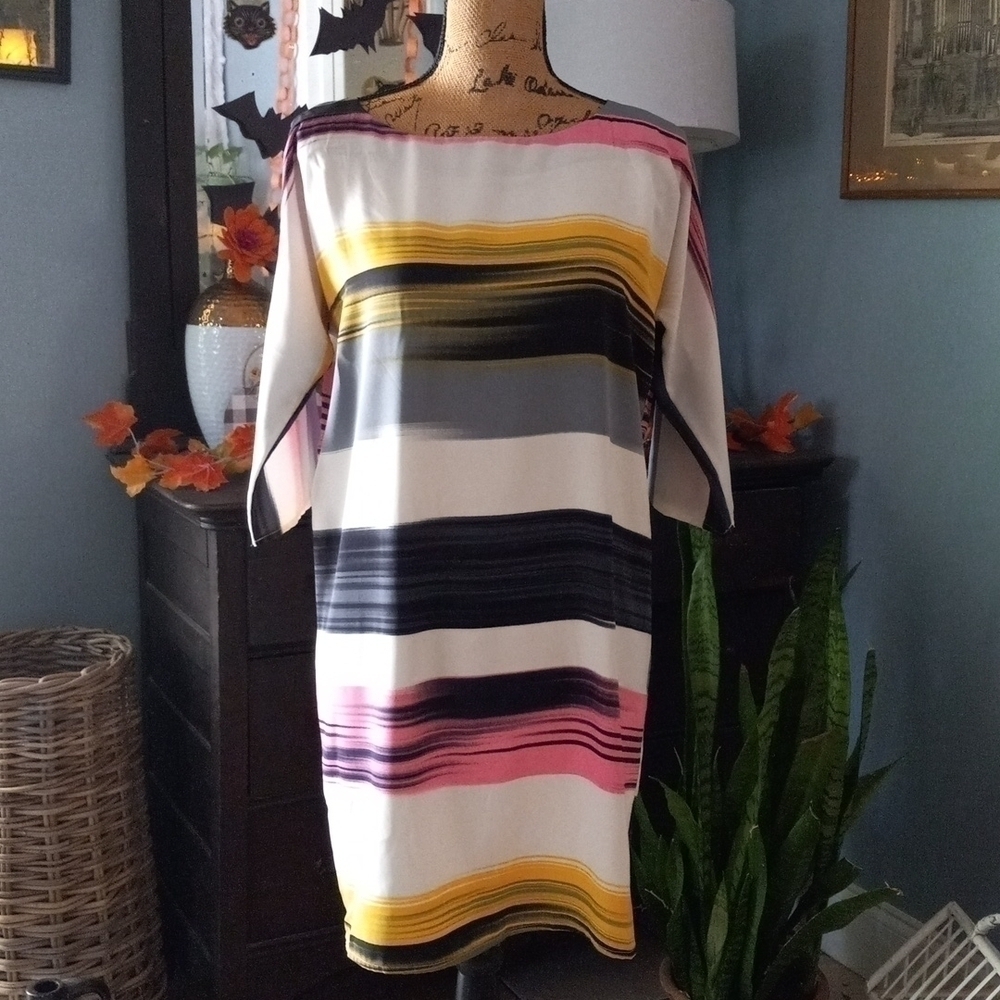 MISA Los Angeles White Multicolor Striped Dolman Sleeve Shift Dress XS - Picture 2 of 13